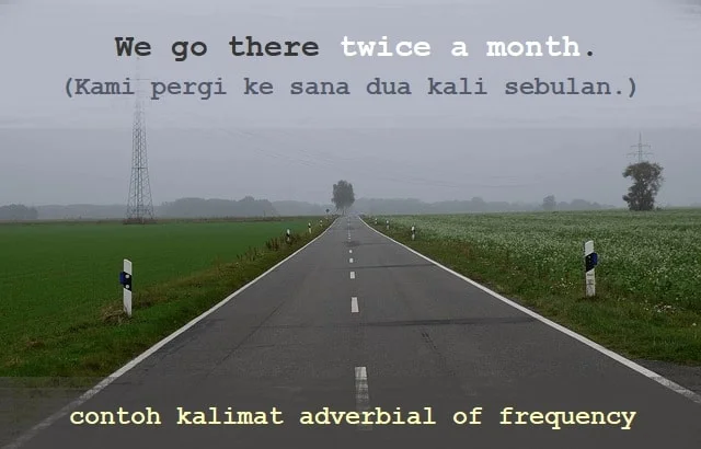Contoh kalimat adverbial of frequency dan Artinya: We go there twice a month. (Kami pergi ke sana dua kali sebulan.)