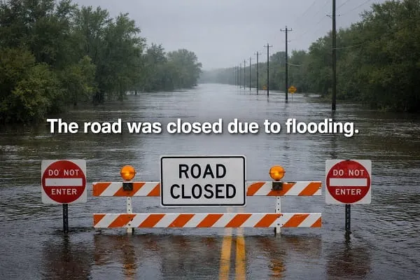 contoh kalimat Bahasa Inggris short (agentless) passive: The road was closed due to flooding.