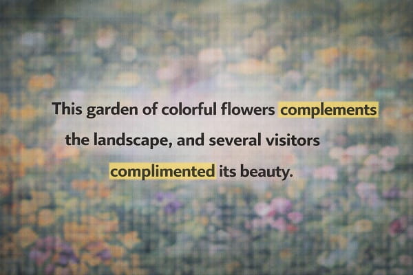 contoh kalimat Bahasa Inggris complement dan compliment: This garden of colorful flowers complements the landscape, and several visitors complimented its beauty.