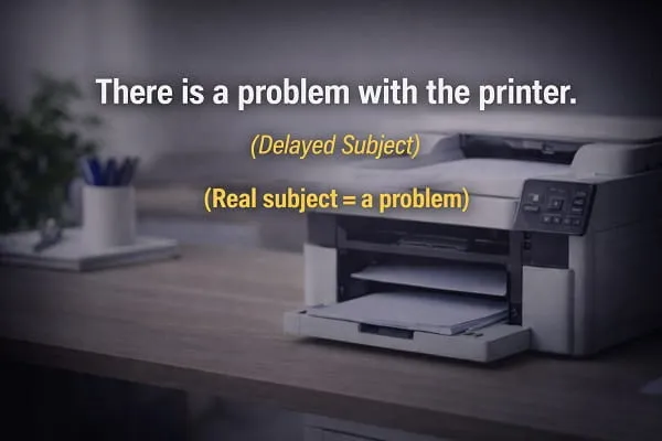 contoh kalimat Bahasa Inggris delayed subject: There is a problem with the printer. (Real subject = a problem)