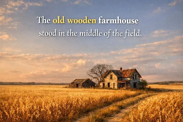 contoh kalimat Bahasa Inggris descriptive adjectives: The old wooden farmhouse stood in the middle of the field.