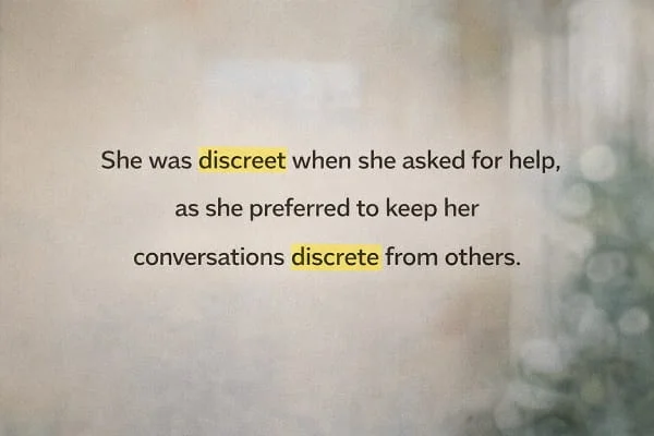 contoh kalimat Bahasa Inggris discreet dan discrete: She was discreet when she asked for help, as she preferred to keep her conversations discrete from others.