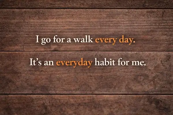contoh kalimat Bahasa Inggris every day dan everyday: I go for a walk every day. It's and everyday habit for me.