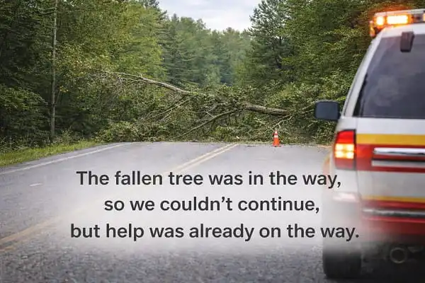 contoh kalimat Bahasa Inggris in the way dan on the way: The fallen tree was in the way so we couldn't continue, but help was already on th way.