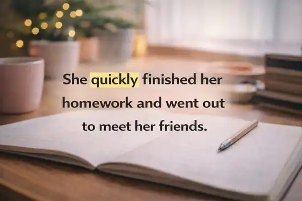 contoh kalimat Bahasa Inggris -ly adverb: She quickly finished her homework and went out to meet her friends.