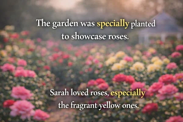 contoh kalimat Bahasa Inggris specially dan especially: The garden was specially planted to showcase roses. Sarah loved roses, especially the fragrant yellow ones.