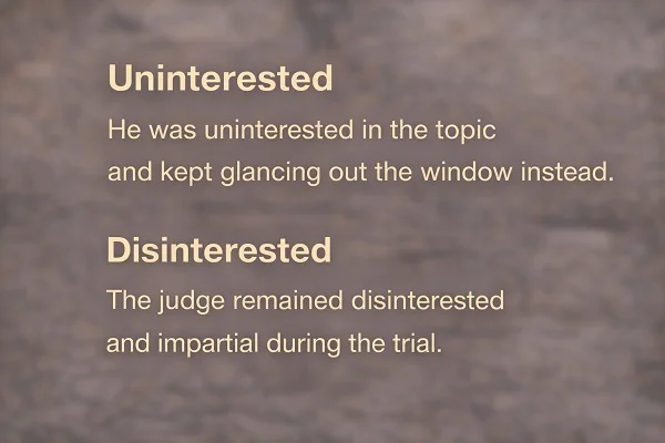 contoh kalimat Bahasa Inggris uninterested dan disinterested: He was uninterested in the topic and kept glancing out the window instead. The judge remained disinterested and impartial during the trial.
