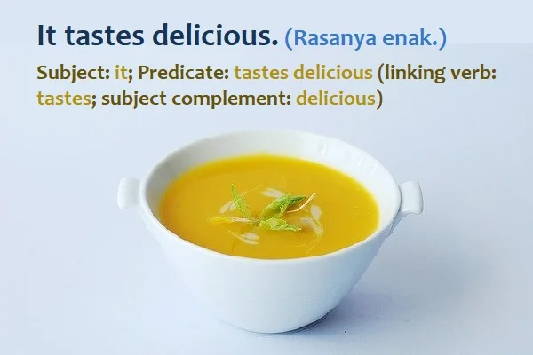 contoh kalimat independent clause dan artinya: It tastes delicious. (Rasanya enak.) Subject: it; Predicate: tastes delicious (linking verb: tastes; subject complement: delicious)
