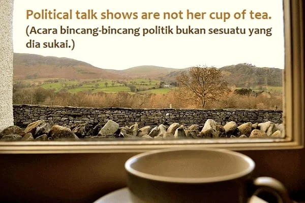 contoh kalimat not one's cup of tea dan artinya: Political talk shows are not her cup of tea. (Acara bincang-bincang politik bukan sesuatu yang dia sukai.)