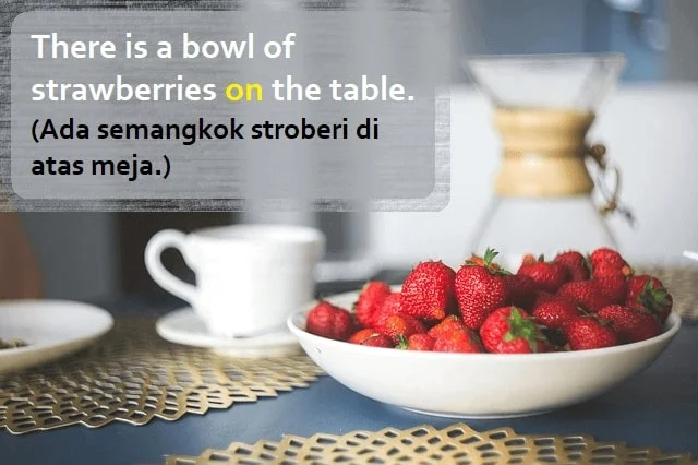 Contoh kalimat preposition of place (tempat) dan artinya: There is a bowl of strawberries on the table. (Ada semangkok stroberi di atas meja.)