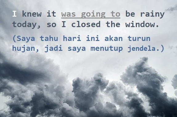 contoh kalimat simple past future tense dan artinya: I knew it was going to be rainy today, so I closed the window. (Saya tahu hari ini akan turun hujan, jadi saya menutup jendela.)