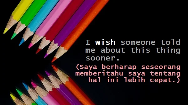 contoh kalimat expressing wish(es) dan artinya: I wish someone told me about this thing sooner. (Saya berharap seseorang memberitahu saya tentang hal ini lebih cepat.)