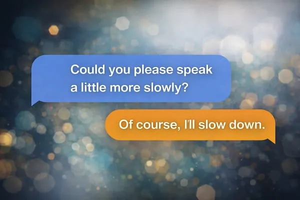 contoh percakapan Bahasa Inggris dengan polite request: Could you please speak a little more slowly. Of course, I'll slow down.