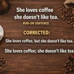 contoh run-on sentence Bahasa Inggris: She loves coffee she doesn't like tea. Corrected: She loves coffee, but she doesn't Like tea. She loves coffee; she doesn't like tea.