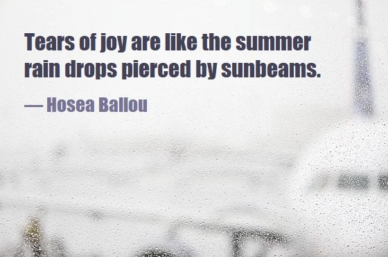 kata mutiara bahasa Inggris tentang air mata (tears) - 3: Tears of joy are like the summer rain drops pierced by sunbeams. Hosea Ballou