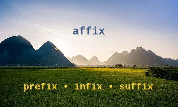 Macam affix bahasa Inggris: prefix, infix, dan suffix.