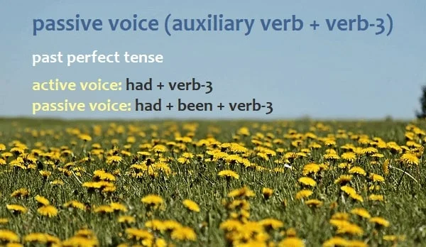 Rumus active voice - past perfect tense: had + verb-3. Rumus passive voice - past perfect tense: had + been + verb-3.